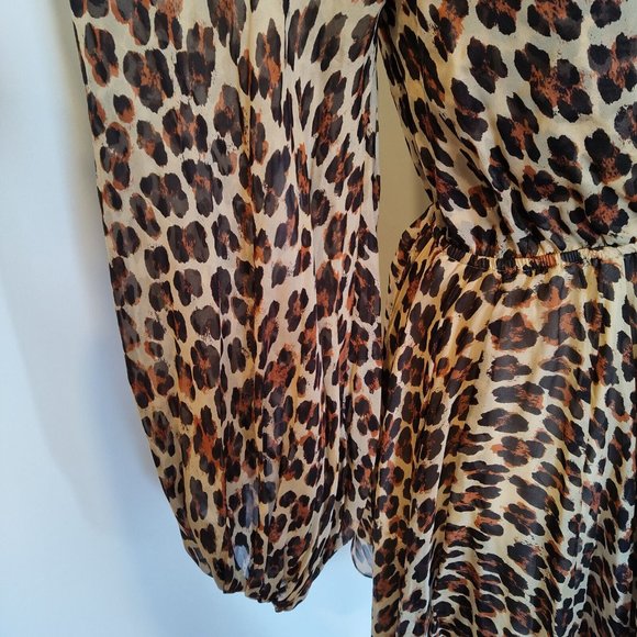 CAROLINE COSTAS Olena Silk Leopard Print Balloon Sleeve Mini Dress Large - Picture 4 of 8